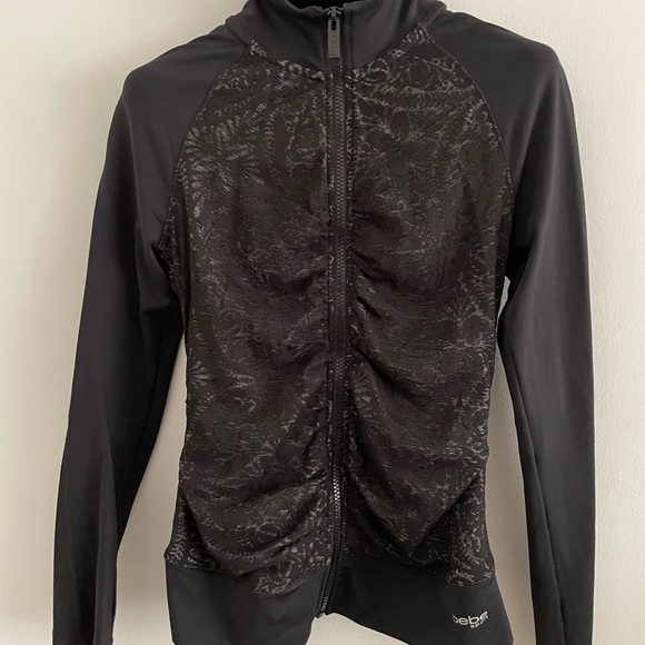 Bebe Black Lacey Ruffled Sports Long Sleeve with open Zipper Front Jacked - Picture 10 of 10